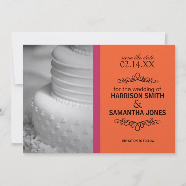 Convite Anúncios de Save the Date de Casamento Laranja e R (Frente)