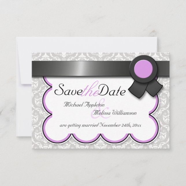 Convite Anúncios de Save the Date em Damask Roxo e Cinza (Frente)