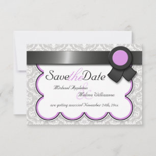 Convite Anúncios de Save the Date em Damasko Roxo e Cinza