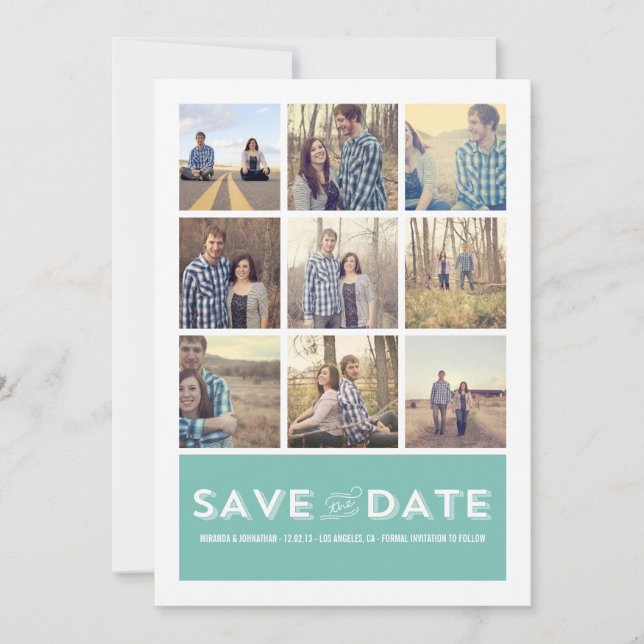 Convite Anúncios de Save The Date em Grid de Foto Azul (Frente)