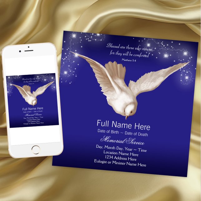 Convite Anúncios de Serviço Memorial Blue Dove (Dove memorial service announcements. Instant download and printed announcements are available.)