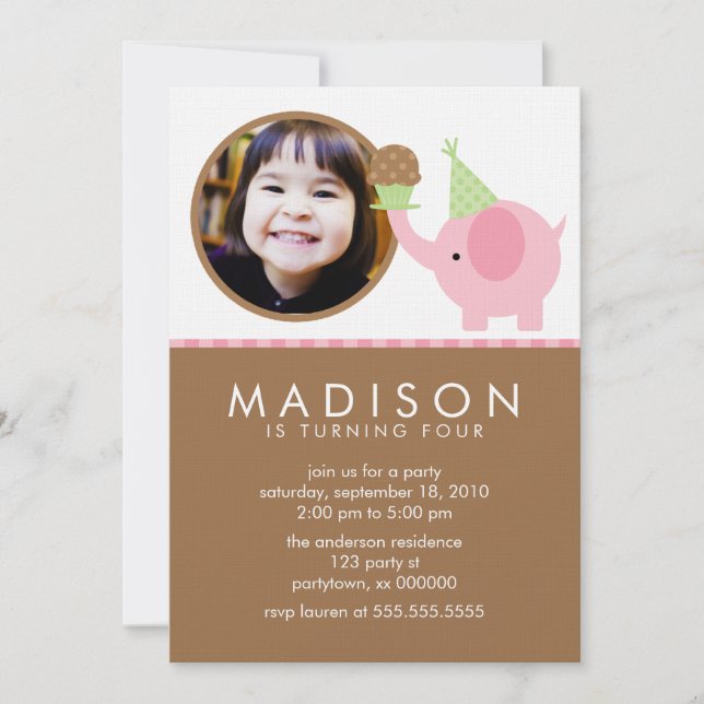 Convite Anúncios do aniversário do elefante cor-de-rosa e (Frente)