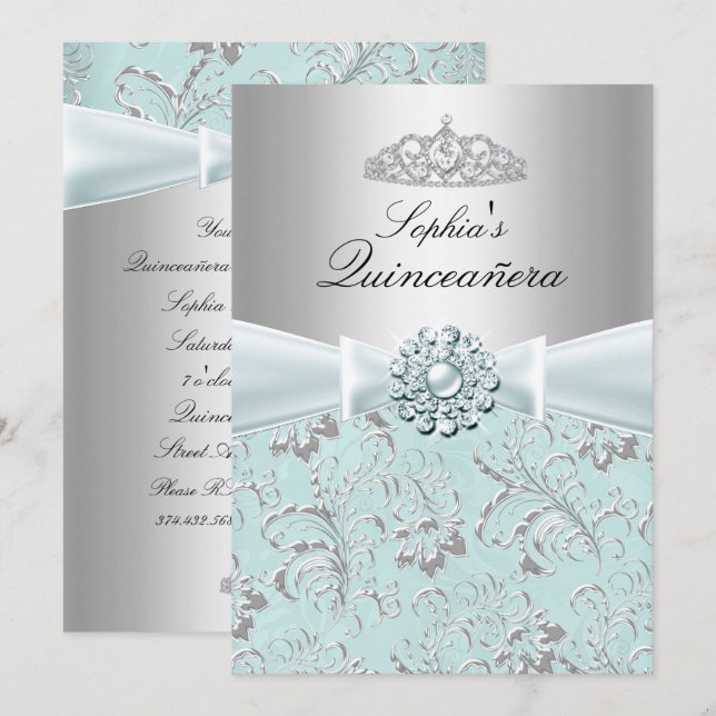 Convite Anúncios do Blue Swirl Tiara Quinceanera (Frente/Verso)