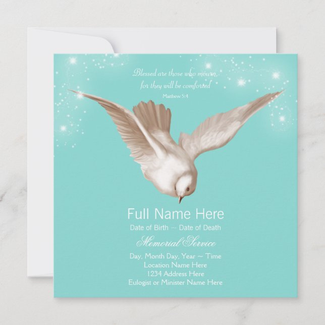 Convite Anúncios do Memorial do Teal Blue Dove (Frente)
