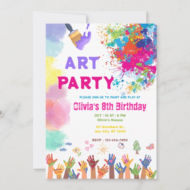 Convite ANY AGE Art Party Paint Party Birthday  (Frente)
