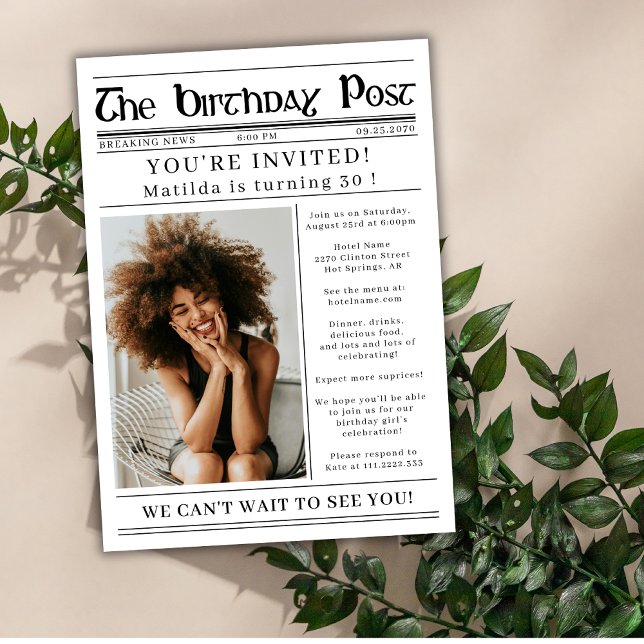 Convite Any Age Birthday Newspaper Custom Photo  (Criador carregado)