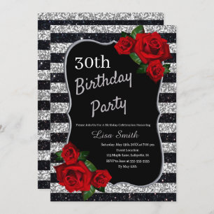 Convite Any Age Birthday Silver And Black Glitter Red Rose