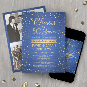 Convite ANY Anniversary Cheers Brushed Blue & Gold Party