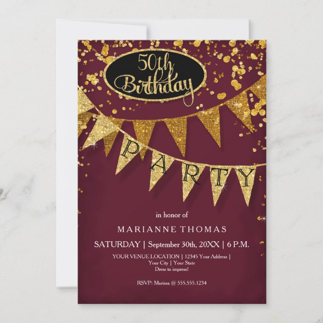 Convite Any Birthday Burgundy Gold Pennant Banner Confetti (Frente)