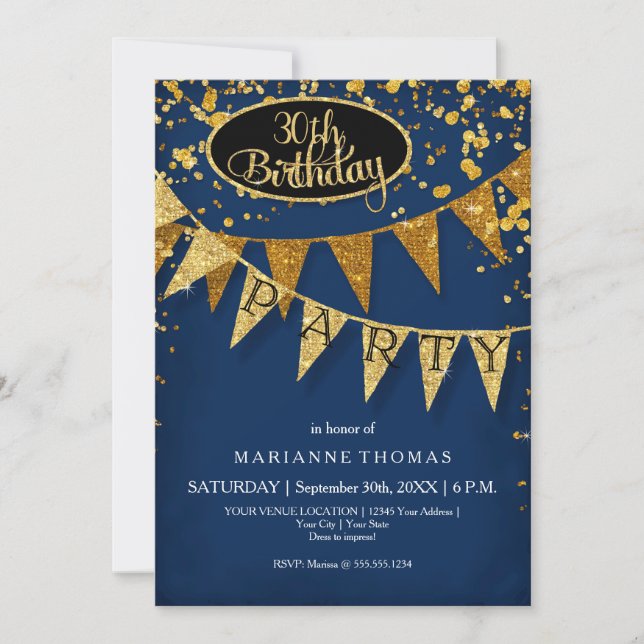 Convite Any Birthday Navy Blue Pennant Banner Confetti (Frente)