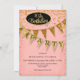 Convite Any Birthday Pink and Gold Pennant Banner Confetti
