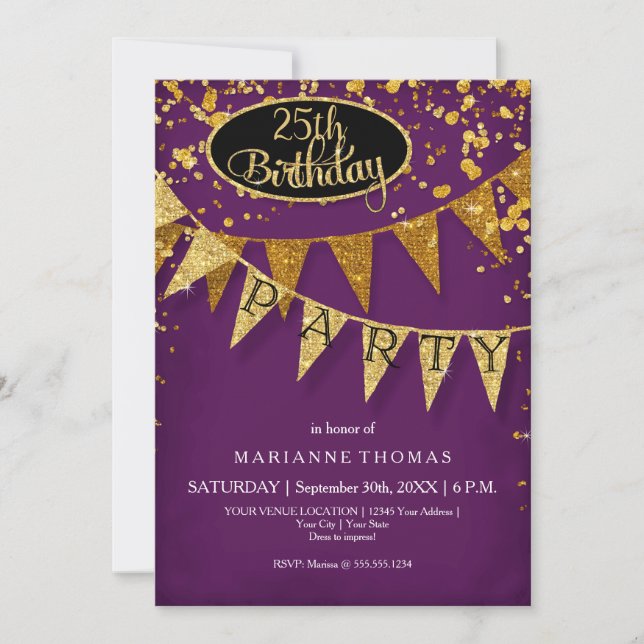 Convite Any Birthday Purple Gold Confetti Pennant Banner (Frente)