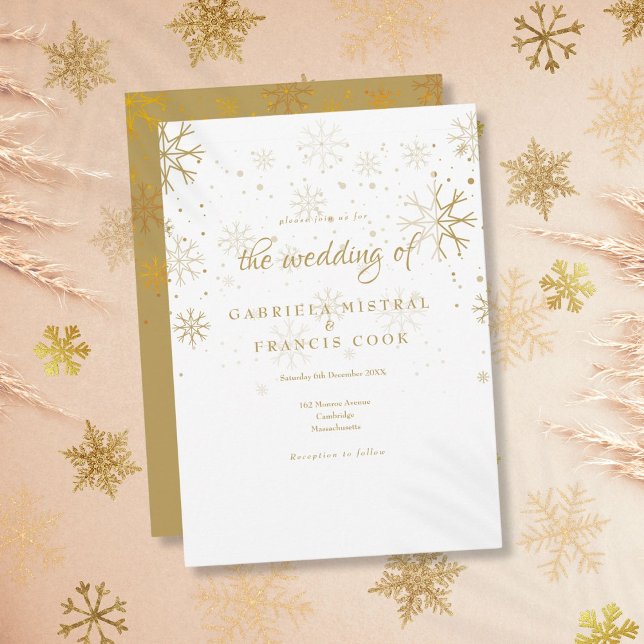 Convite ao Casamento no inverno Dourado Flocos de  (Gold Snowflakes Winter Wedding Invitation)