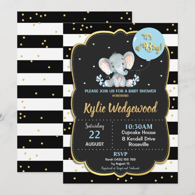 Convite ao Chá de fraldas Elefante É um Menino (Frente/Verso)