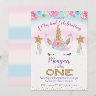 Convite ao primeiro aniversario Rainbow Unicorn Gl