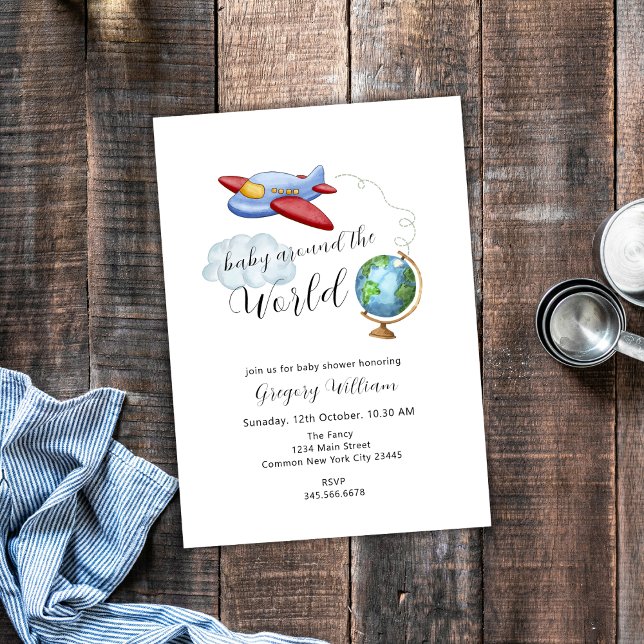 Convite Ao redor do Chá de fraldas de Avião do Mapa Mundia (Around The World Map Airplane Baby Shower Invitation)