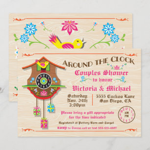 Convite Ao redor do relógio Chá de panela Folk art Cuckoo 
