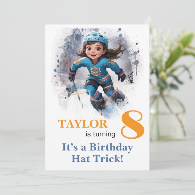 Convite *~* AP94 DIY k-8 Cute Hockey Girl Birthday (Em pé/Frente)