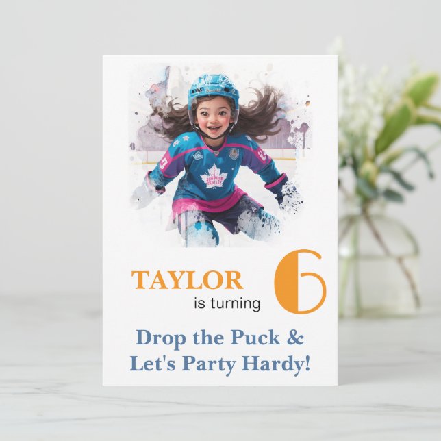 Convite *~* AP94 k-21  DIY Cute Hockey Girl Birthday (Em pé/Frente)