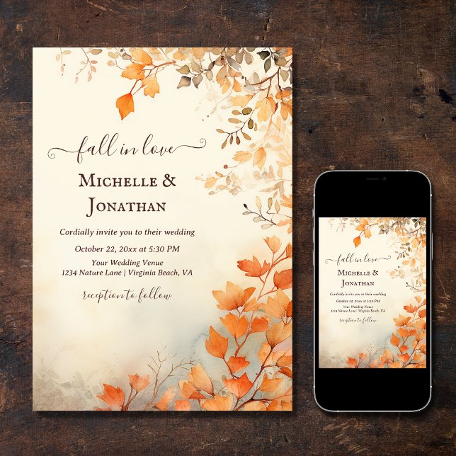 Convite Apaixonado Belo Casamento outono das Folhas de out (Printed and Digital - Fall in Love Beautiful Autumn Leaves Fall Wedding Invitation)
