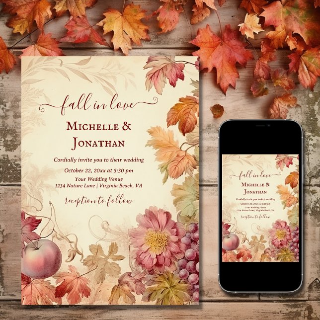 Convite Apaixonado Belo Casamento outono de outono (Printed and Digital - Fall in Love Beautiful Autumn Vintage Fall Wedding Invitation)