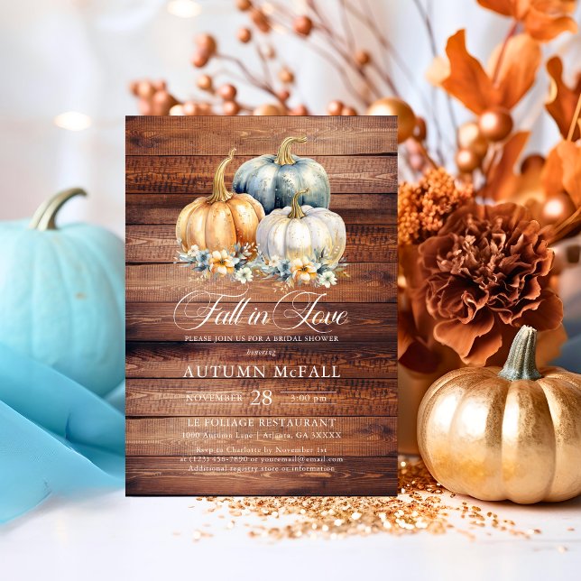 Convite Apaixonado Chá de panela Russo Dourado Pumpkins (Fall in Love Rustic Bridal Shower Gold Pumpkins Invitation)