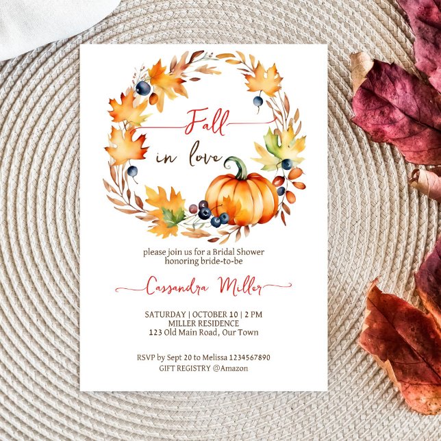 Convite Apaixonado folhas de abóbora chá de panela (Fall in love bridal shower template invitation digital download pumpkin maple leaves berries wreath)