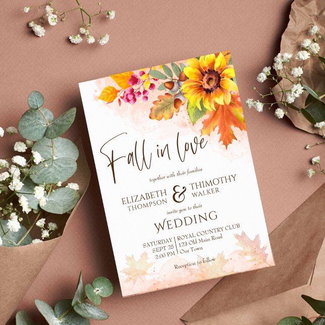 Convite Apaixonado pelo casamento de girassol no outono (Fall in love autumn wedding invitation template instant download watercolor fall foliage sunflowers)