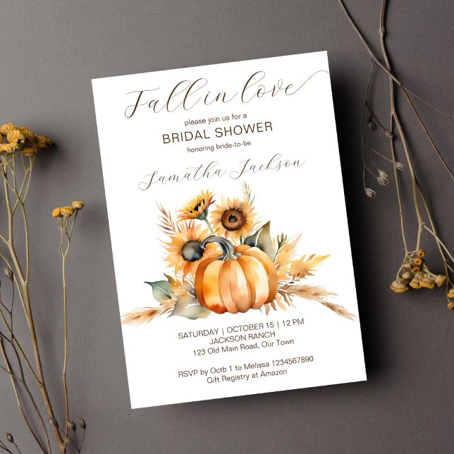 Convite Apaixonado pelo chá de panela de flores de sol de  (Fall in love bridal shower template invitation instant download pumpkin sunflowers earthy brown)