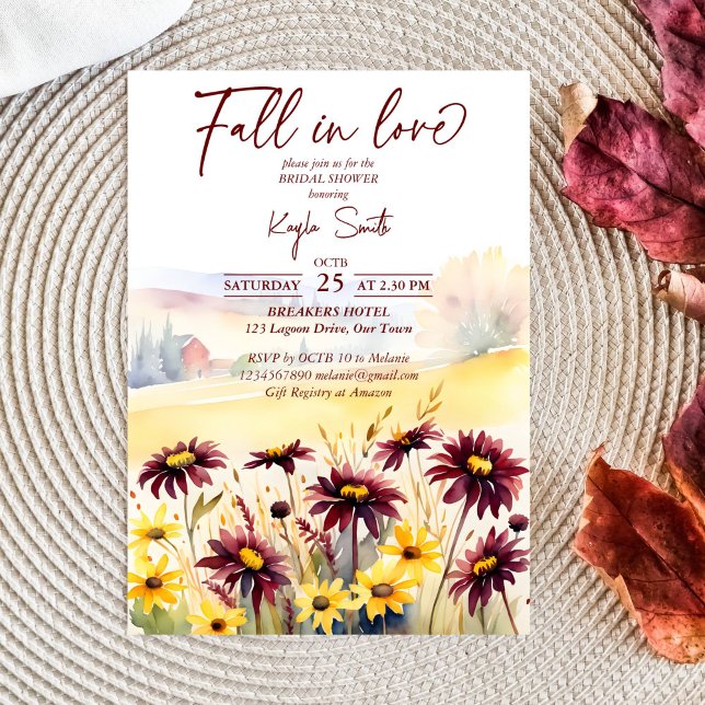 Convite Apaixonado por burgundy dahlias yellow daisie brid (Fall in love burgundy dahlias yellow daisies fall themed bridal shower template invitation digital)