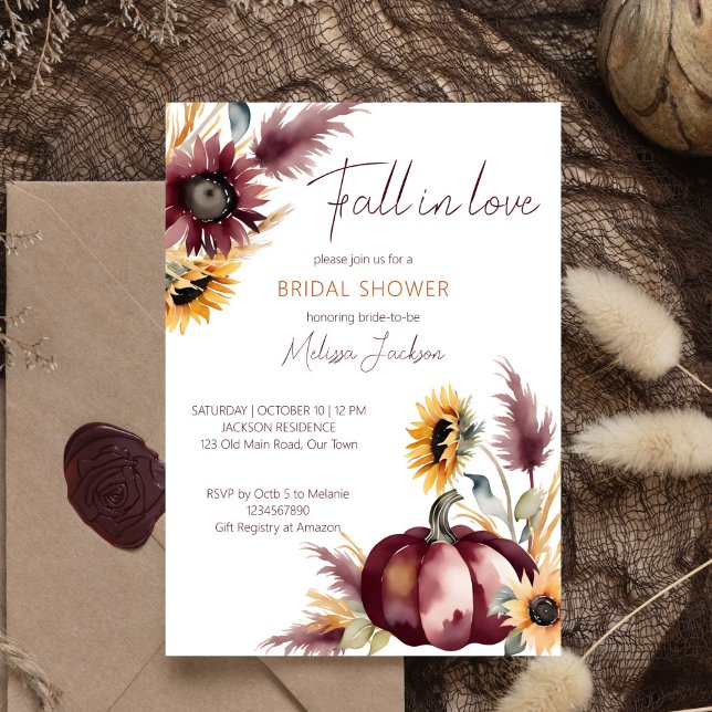 Convite Apaixonado por chá de panela de girassol de boho-a (Fall in love boho bridal shower template invitation digital download burgundy pumpkins sunflowers)