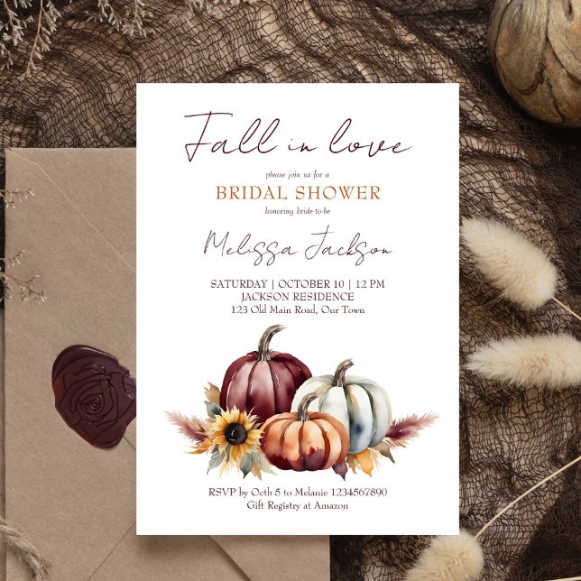 Convite Apaixonado por chá de panela de girassol de boho-a (Fall in love burgundy pumpkins sunflowers bridal shower template invitation digital download autumn)