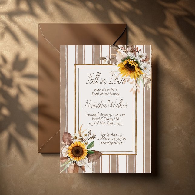 Convite Apaixonado por girassóis chá de panela de faixa ca (Fall in love sunflowers brown stripes bridal shower invitation template terracotta retro invites)