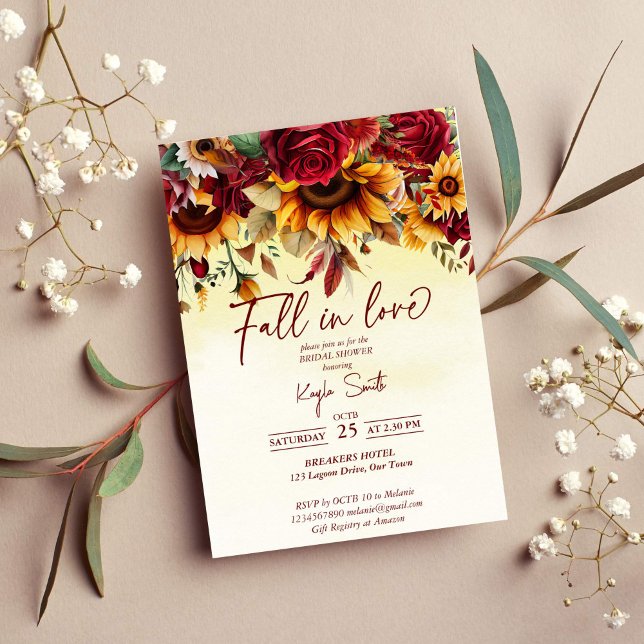 Convite Apaixonado por rosas de burlões (Fall in love burgundy roses sunflowers bridal shower invitation template instant download)