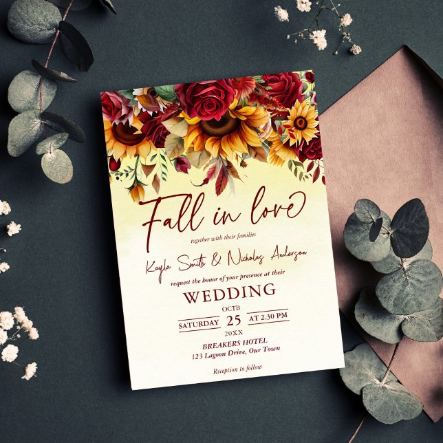Convite Apaixonado por rosas de louro e girassol casamento (Fall in love burgundy roses sunflowers wedding invitation editable template instant download)