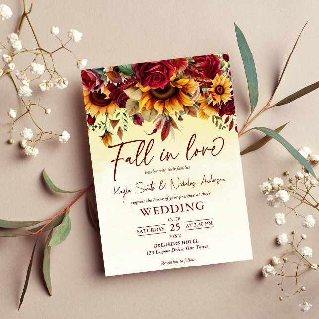 Convite Apaixonado por rosas de louro e girassol casamento (Fall in love autumn fall wedding invitation template watercolor burgundy roses sunflowers foliage)