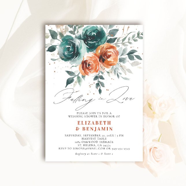 Convite Apaixonando Chá de panela de Casamento Quimológico (falling in love wedding shower invitation teal burnt orange terracotta watercolor floral boho)