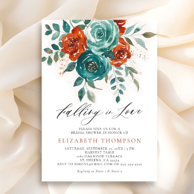 Convite Apaixonando Chá de panela Laranja Teal Queimado (falling in love bridal shower invitation teal burnt orange terracotta watercolor floral botanical)