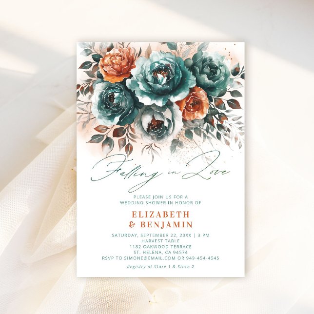 Convite Apaixonando Chá de panela moderno de Casamento Chi (falling in love wedding shower invitation teal burnt orange terracotta floral elegant modern romance)