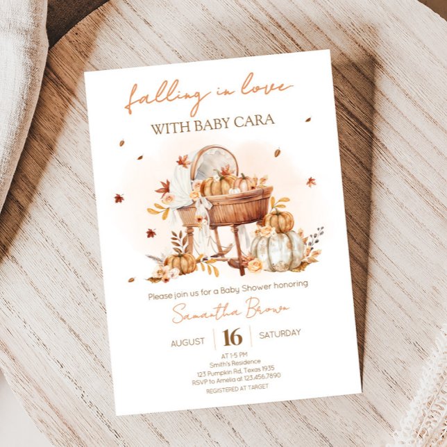 Convite Apaixonando o Chá de fraldas de Abóbora de outono (Autumn Pumpkin Falling in Love Baby Shower Invitation)