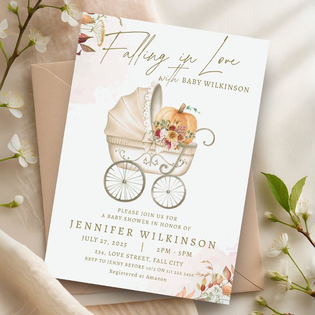 Convite Apaixonando Pumpkin Stroller de Chá de fraldas de  (Falling in Love Fall Baby Shower Pumpkin Stroller Invitation)