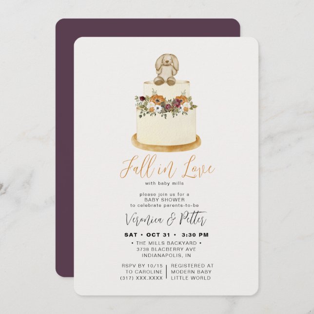 Convite Apaixonar Chá de fraldas de bolos roxos de outono  (Frente/Verso)