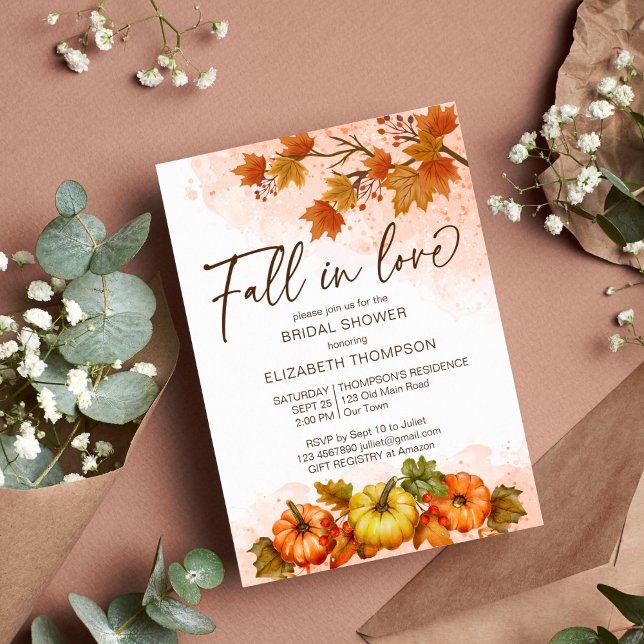 Convite Apaixonar-se por chá de panela de abóbora (Fall in love bridal shower invitation template autumn foliage pumpkins watercolor)