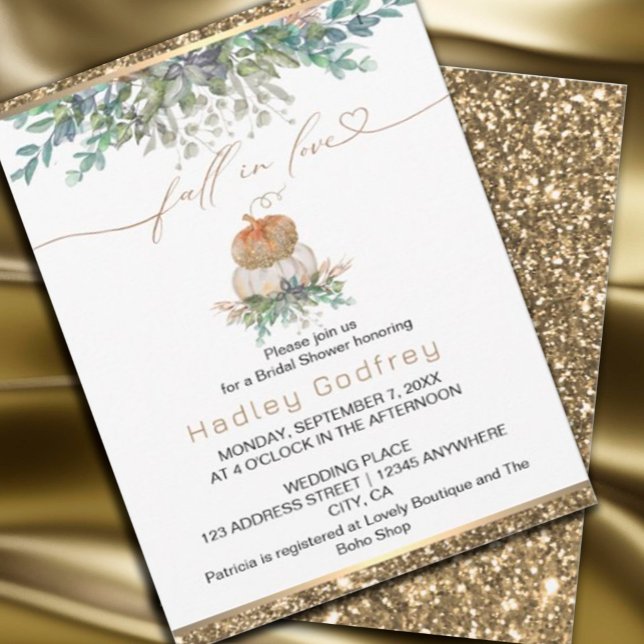 Convite Apaixonar-se Pumpkin Dourado Casamento Elegante (#zazzlemade #goldpumpkin #whiteandgoldpumpkin #fallinlove #wedding #autumninvitation)