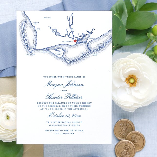 Convite Apalachicola FL Mapa Casamento Elegante de Marinho (Apalachicola Wedding Invitation with Elegant navy blue Florida map from Coastal Map Designs)