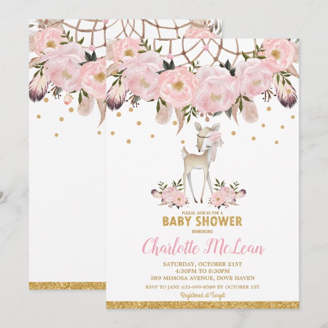 Convite Apanhador de Sonhos Floral Deer Festa de Bebê Boho (Frente/Verso)
