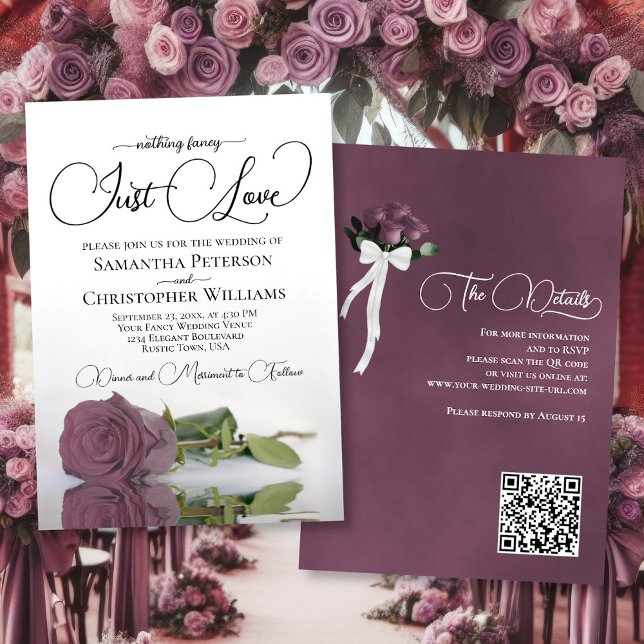 Convite Apenas Ame Casamento de Código QR com Rosa Mauve D (Front/Back)