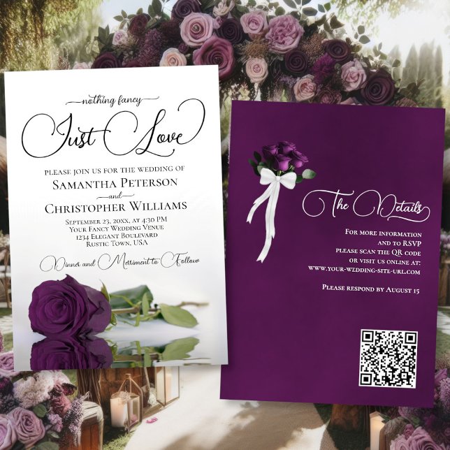 Convite Apenas Ame Casamento de Código QR de Rosa Roxo de  (Front/Back)