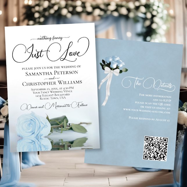 Convite Apenas Ame Casamento de Código QR Rosa Azul Pálido (Front/Back)