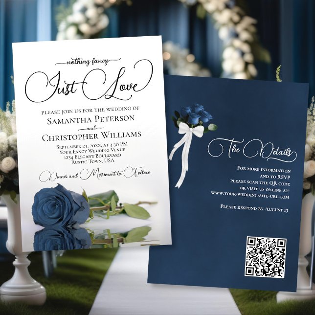 Convite Apenas Ame O Casamento De Código QR De Rosa Azul D (Front/Back)